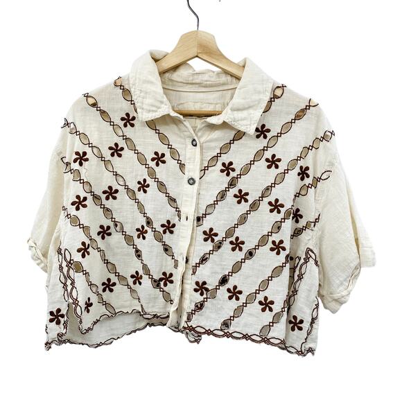 Free People white brown embroidered button down - Picture 2 of 6